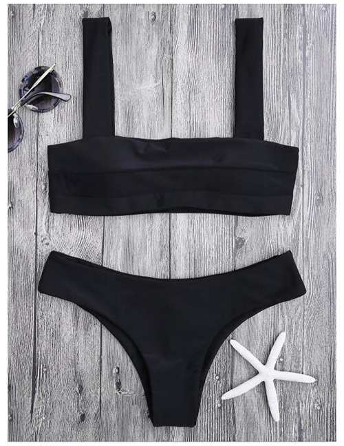 Fashion Black Tank Top Pleated Solid Split Swimsuit
