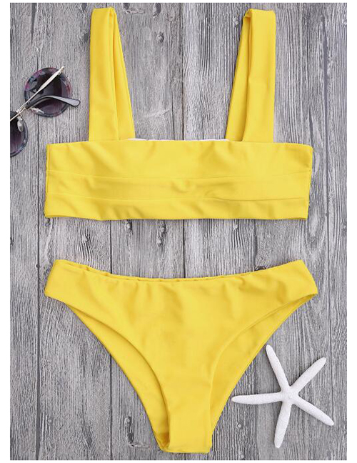Fashion Yellow Tank Top Pleated Solid Split Swimsuit