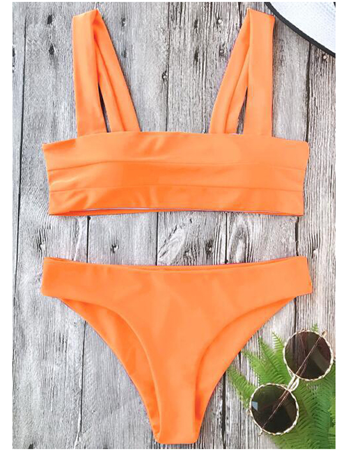 Fashion Orange Tank Top Pleated Solid Split Swimsuit