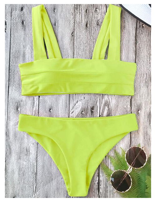 Fashion Fluorescent Yellow Tank Top Pleated Solid Split Swimsuit