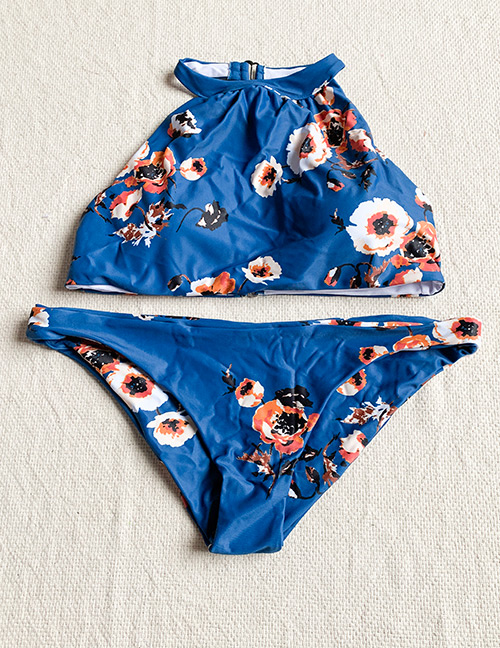 Fashion Blue Printed Split Swimsuit