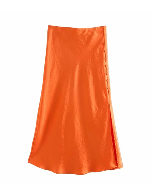 Fashion Orange Button Split Satin Solid Skirt