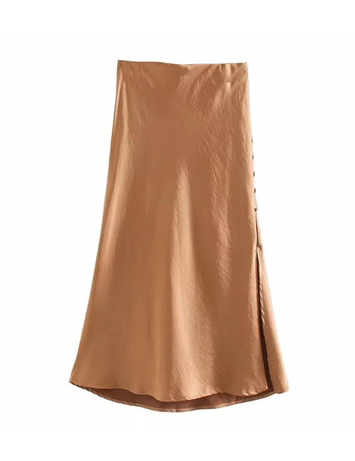 Fashion Brown Button Split Satin Solid Skirt