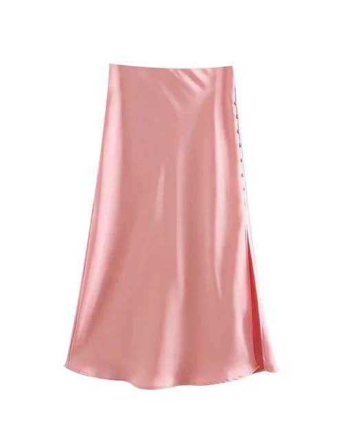 Fashion Pink Button Split Satin Solid Skirt