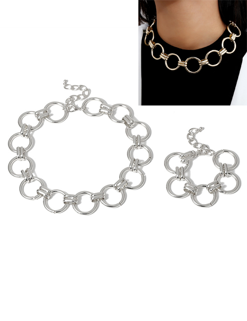 Fashion White K Ring Hollow Alloy Bracelet Necklace Set