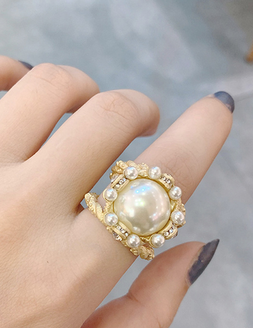 Fashion Golden Cutout Pearl And Diamond Opening Adjustable Ring