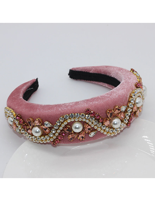 Fashion Pink Sponge Diamond Pearl Wave Flower Alloy Hair Band