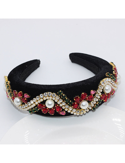 Fashion Black + Red Sponge Diamond Pearl Wave Flower Alloy Hair Band