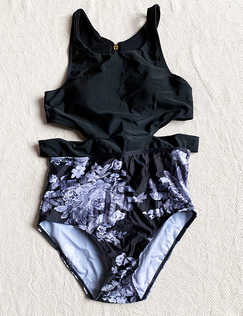 Fashion Black Flower Print Cutout One-piece Swimsuit