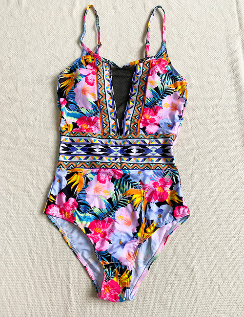 Fashion Flower Print Floral Print Stitching Lace One-piece Swimsuit