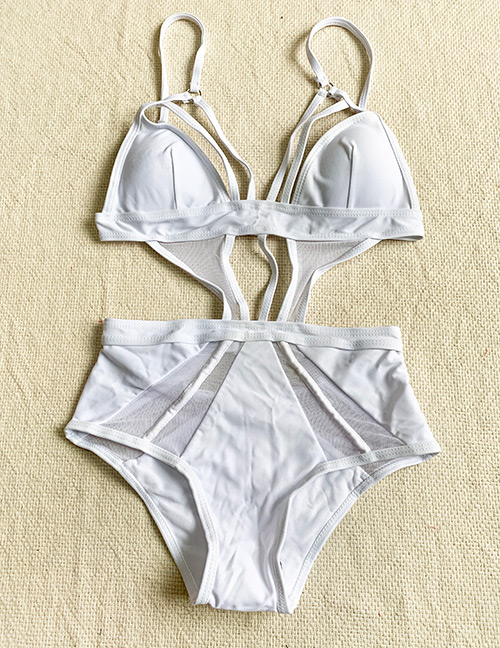 Fashion White Paneled Mesh Hollow Leaky Back One-piece Swimsuit