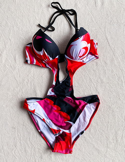 Fashion Red Geometric Print Tether Strap Cutout Leaky Back One-piece Swimsuit