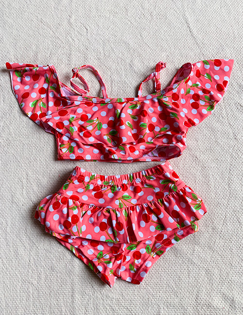 Fashion Pink Cherry Print Ruffled Children's Split Swimsuit