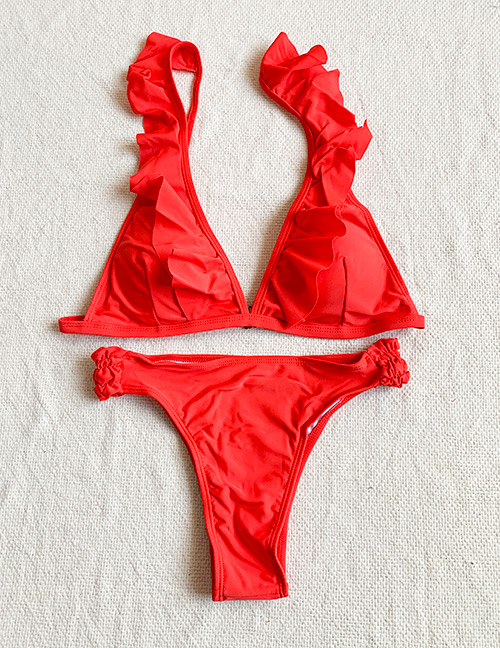 Fashion Red Ruffle Split Swimsuit