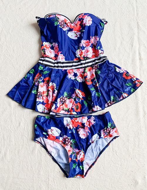 Fashion Color Printed Ruffle Split Swimsuit