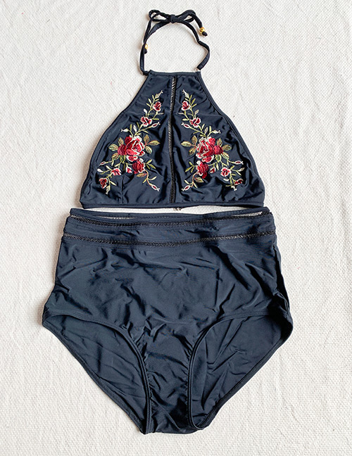 Fashion Black Embroidered Floral Tie Split Swimsuit