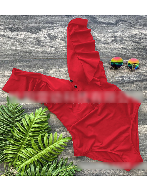 Fashion Red Button Ruffled Triangle One-piece Swimsuit