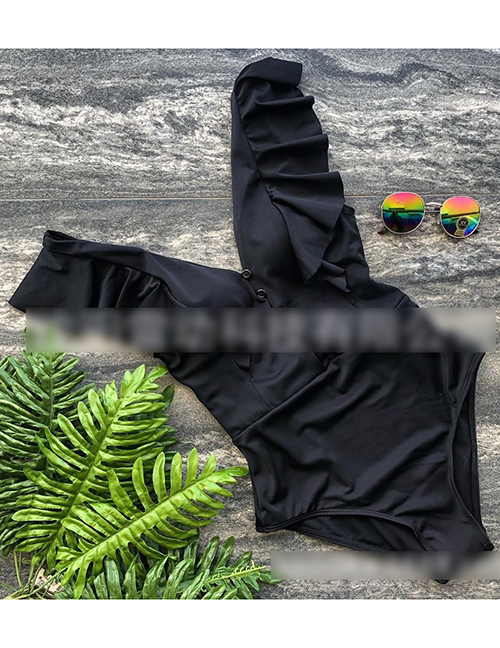 Fashion Black Button Ruffled Triangle One-piece Swimsuit
