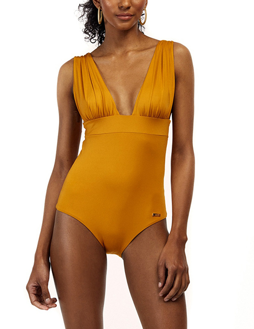Fashion Yellow Pleated Printed V-neck Patchwork Swimsuit