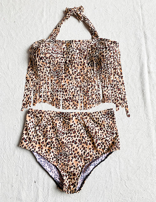 Fashion Color Leopard Print Tassel Split Swimsuit