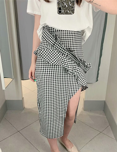 Fashion Lattice Ruffled Plaid Irregular Split Skirt