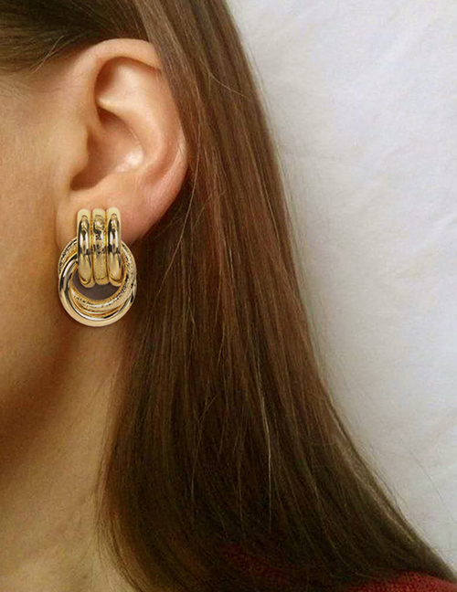 Fashion Golden Geometric Stud Earrings With Round Metal Ring