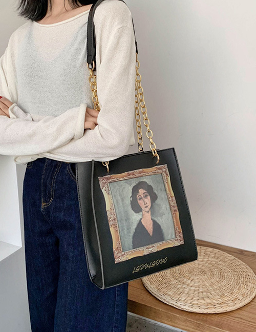 Fashion Black Single Printed Portrait Chain Shoulder Bag
