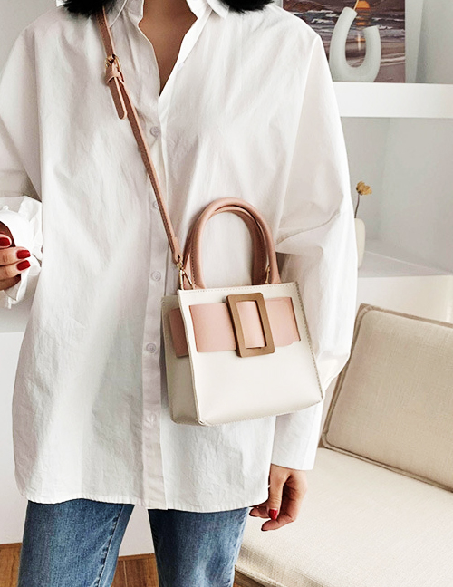 Fashion Pink Contrast Belt Buckle Stitching Shoulder Bag Crossbody Bag