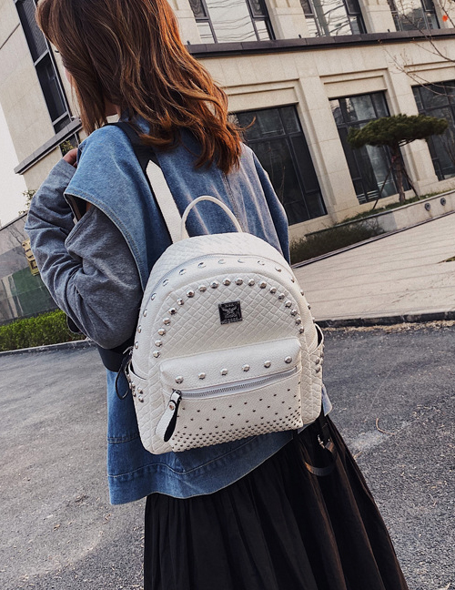 Fashion White Large Studded Checked Backpack