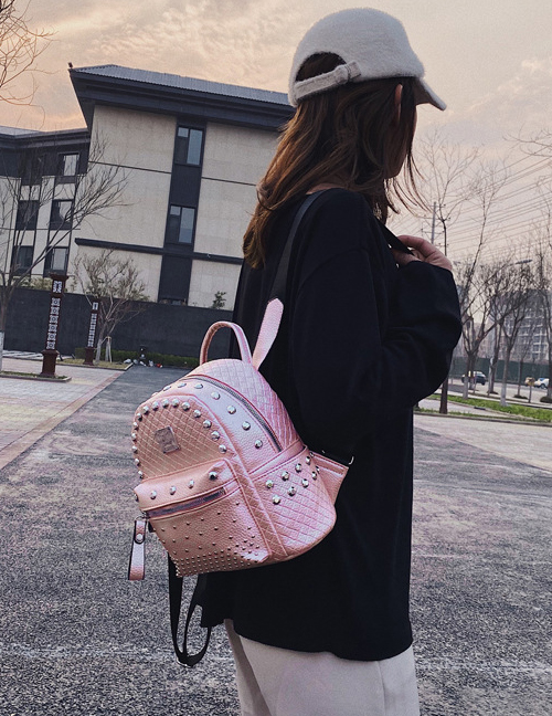 Fashion Pink Trumpet Studded Checked Backpack
