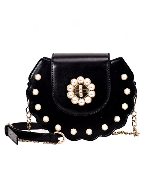 Fashion Small Black Pearl Studded Wavy Shoulder Crossbody Bag