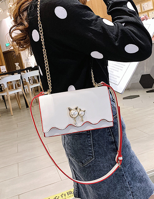 Fashion Off-white Chain Pearl Cat Lock Cross-body Bag