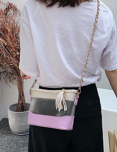 Fashion Purple Transparent Stitched Contrast Fringe Chain Shoulder Bag