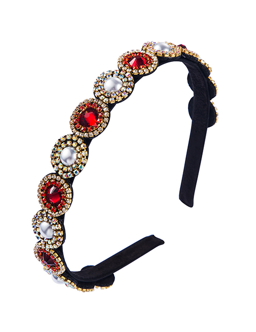 Fashion Red Pearl-rimmed Glass Diamond Fine-edged Headband