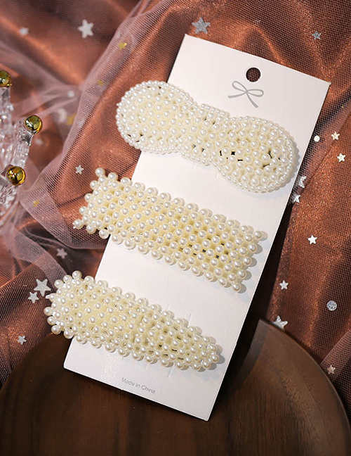 Fashion White Pearl Bow Geometric Hair Clip Set