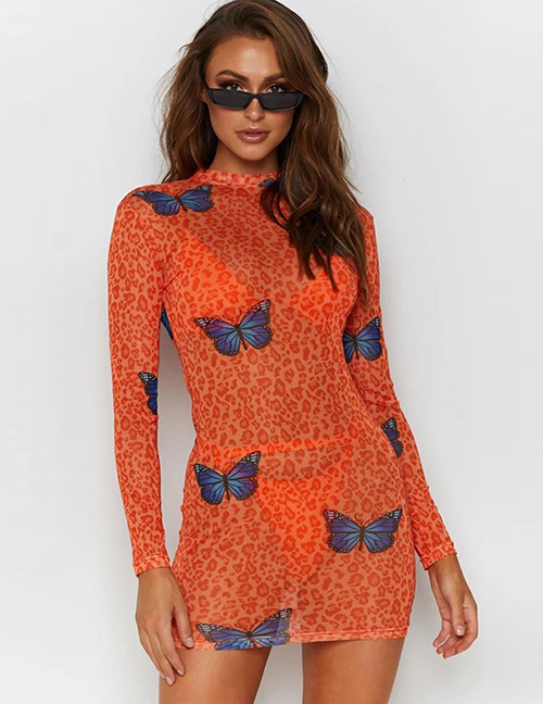 Fashion Orange Round Neck Long Sleeve Printed Mesh Slim Dress