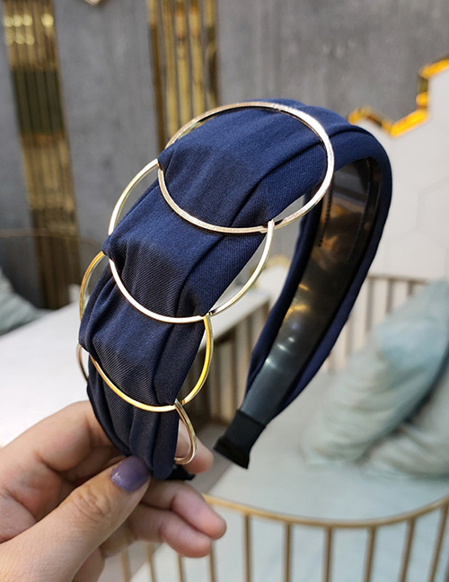 Fashion Navy Blue Metal Ring Wide-brimmed Fabric Headband