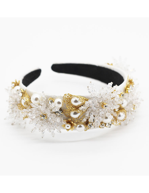 Fashion White Crystal Beaded Pearl Flower Metal Hollow Headband
