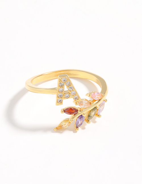 Fashion A Gold Flower Copper Micro-set Zircon English Alphabet Ring