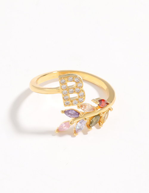 Fashion B Gold Flower Copper Micro-set Zircon English Alphabet Ring