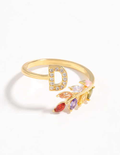 Fashion D Gold Flower Copper Micro-set Zircon English Alphabet Ring