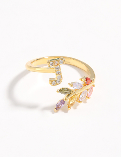 Fashion J Gold Flower Copper Micro-set Zircon English Alphabet Ring
