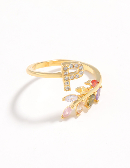 Fashion P Gold Flower Copper Micro-set Zircon English Alphabet Ring