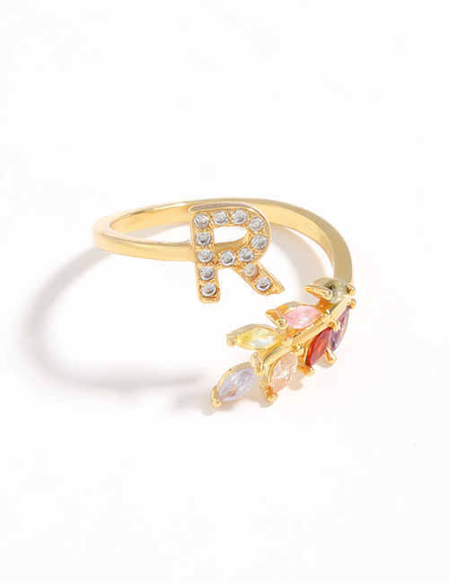 Fashion R Gold Flower Copper Micro-set Zircon English Alphabet Ring
