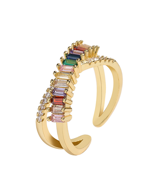 Fashion Golden Geometric Cross Copper Micro-set Color Zircon Open Ring