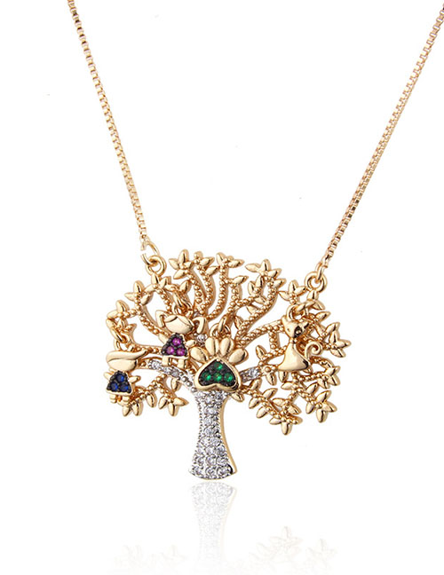 Gold-plated Color Zirconium Big Tree Copper Micro-set Zircon Alloy Love Necklace