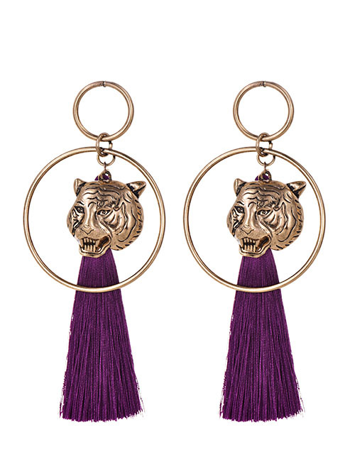Fashion Purple Alloy Circle Leopard Head Tassel Earrings