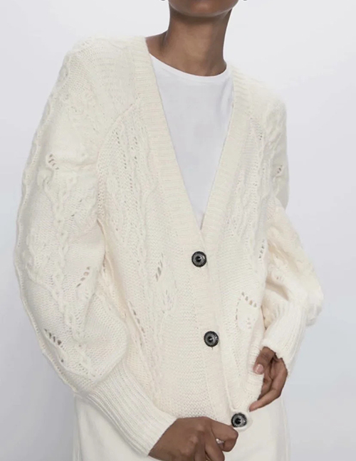 Creamy-white Jewelry Button V-neck Openwork Knitted Cardigan