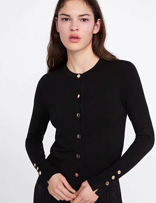 Black Single-breasted Round Neck Knitted Cardigan