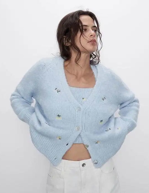 Blue Floral Embroidered Raglan Sleeve Knitted Cardigan